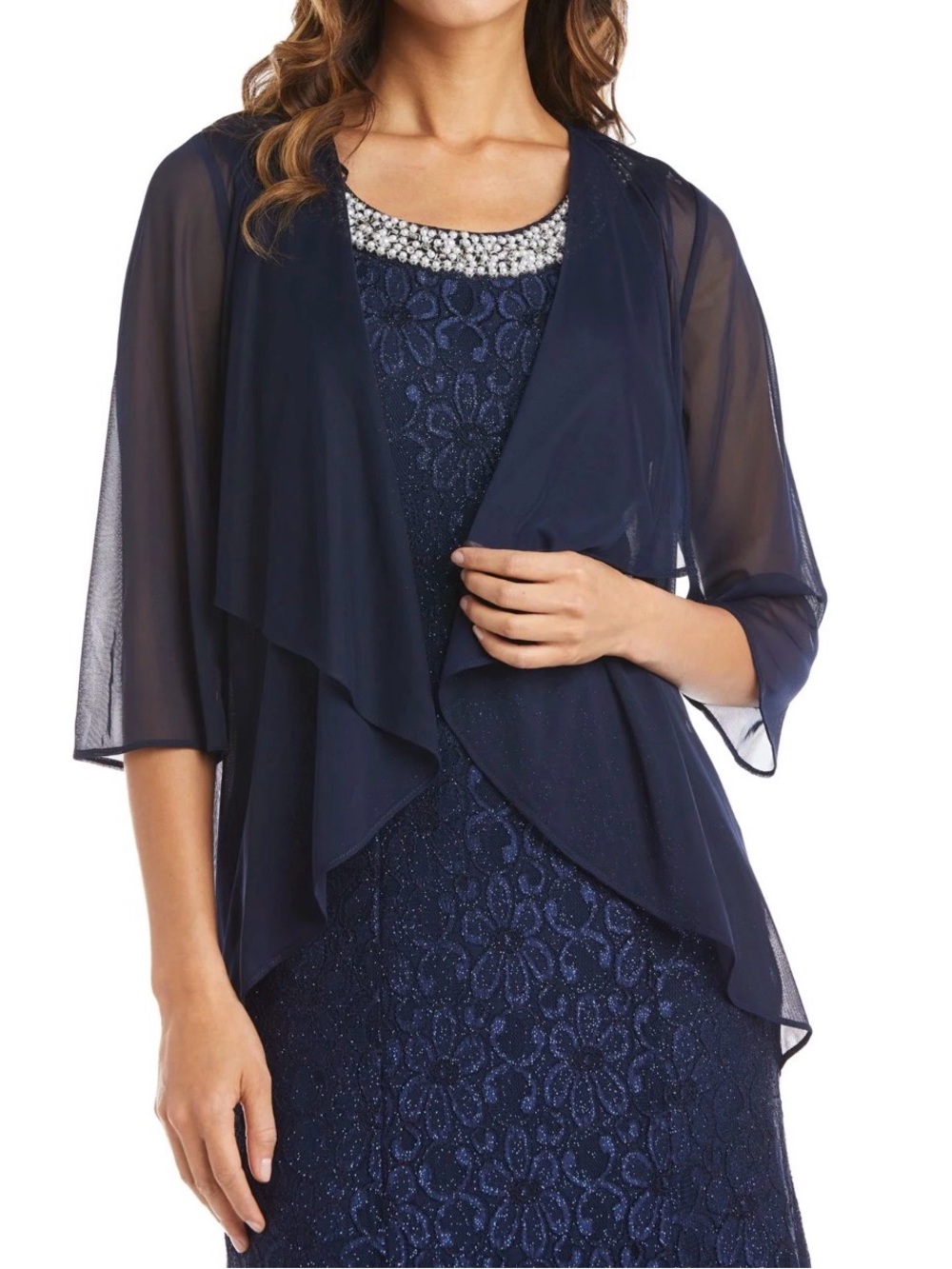 R&M Richards Navy Sheer Cascade Open-Front Shrug